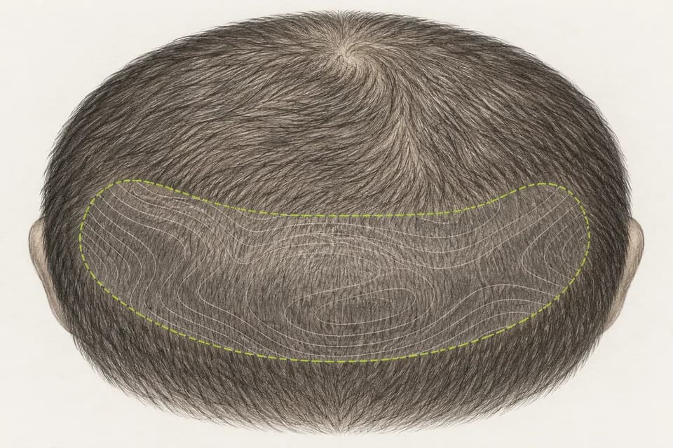 hair 표본의 영역과 가는 등고선으로 Harvesting 부위 평가를 표현한 그림