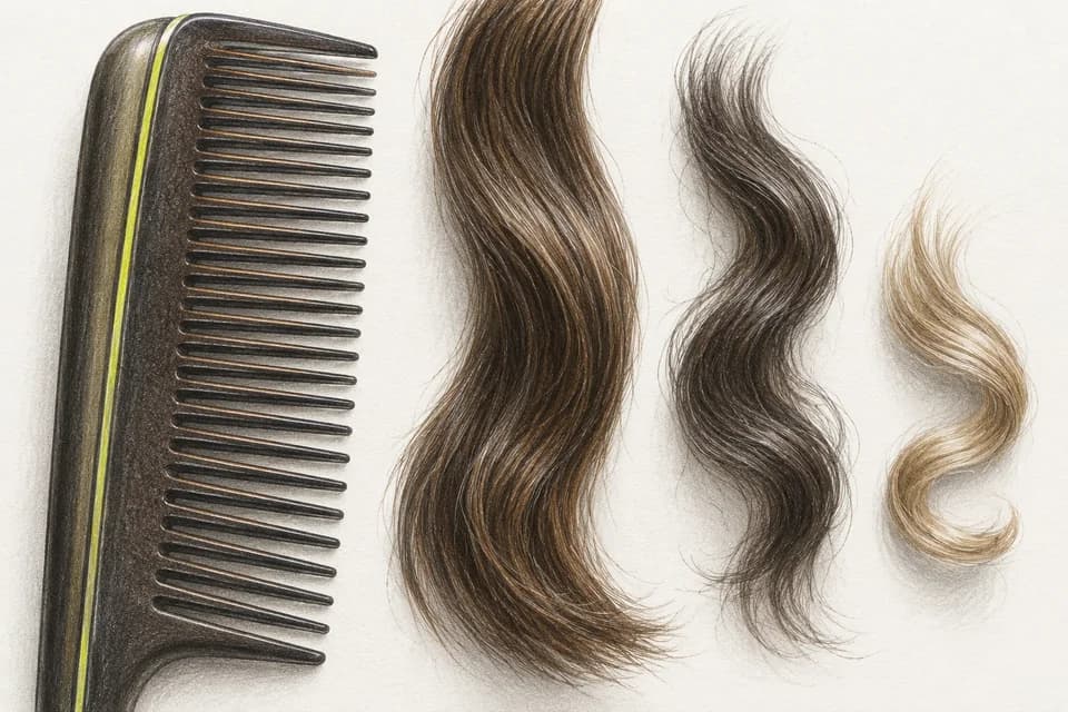 빗 옆에 길이가 다른 hair 다발을 놓아 평소 머리 길이를 질문하는 그림