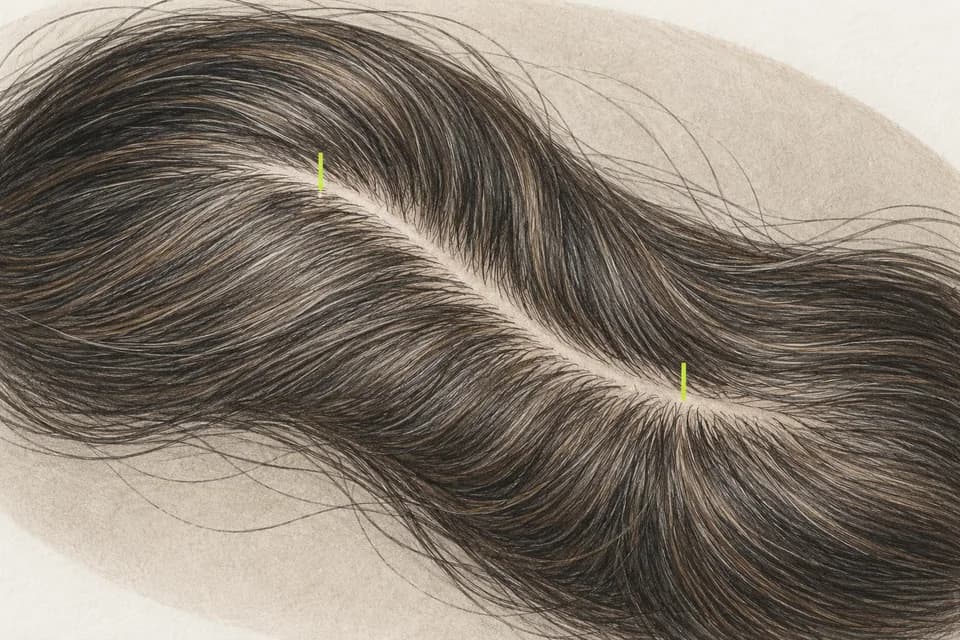 모발이 갈라지는 선의 앞쪽과 중앙을 작은 표시로 구분한 가르마 관찰 그림