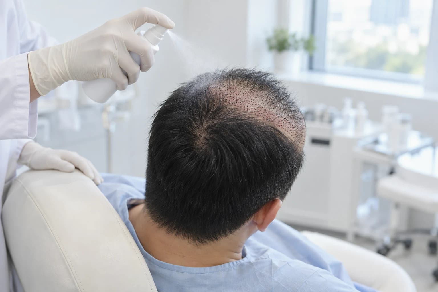 Staged scene, without faces, of a gloved hand spraying graft-establishment spray over the transplanted area right after surgery