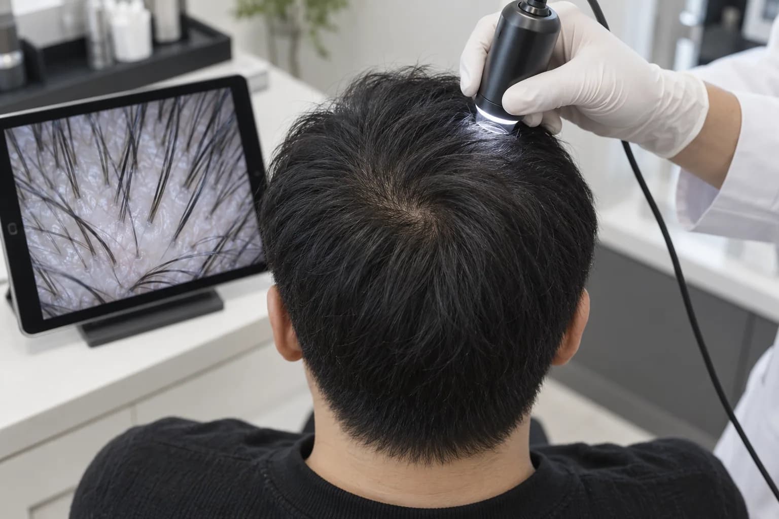 Staged scene of checking crown progress with a scalp magnifying camera