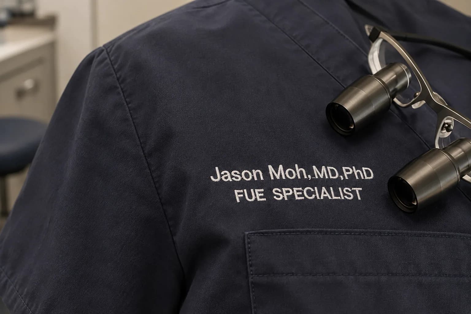 FUE SPECIALIST 자수가 놓인 수술복과 확대경