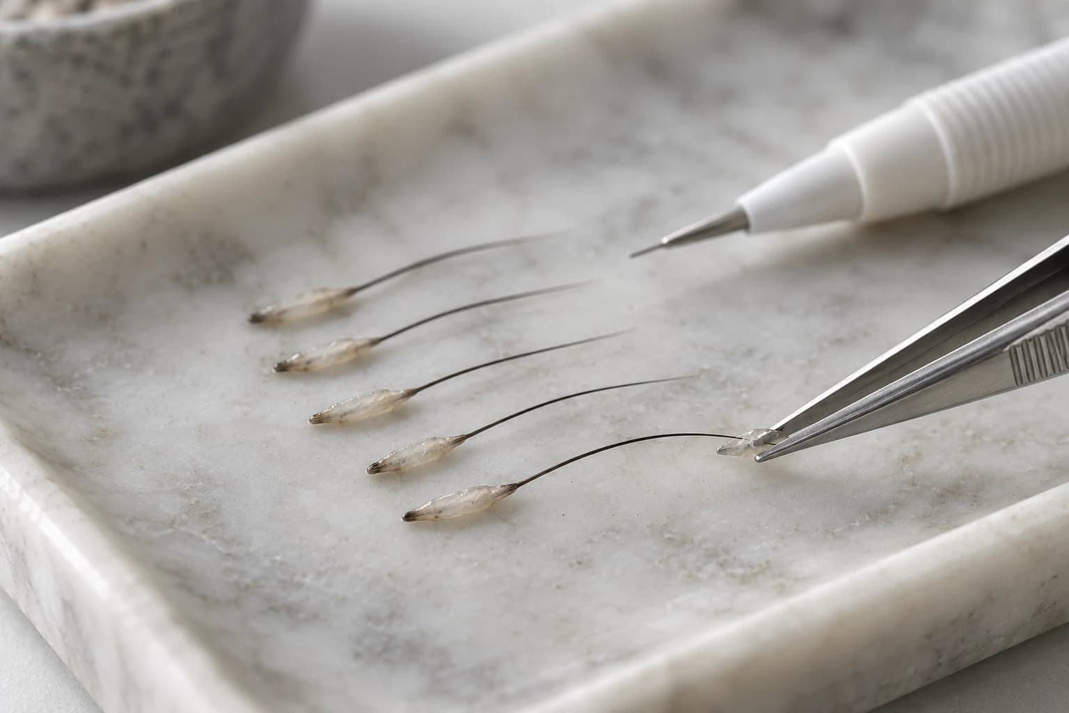 곧은 모발의 모낭 단위와 식모기를 대리석 트레이에 놓은 연출 사진