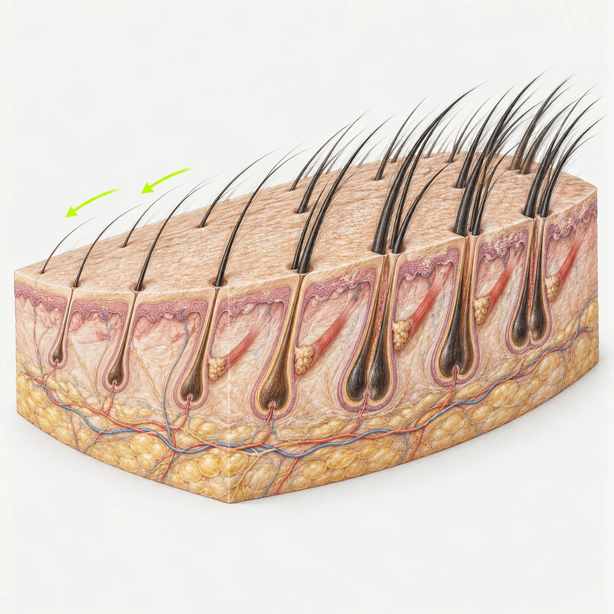 Educational illustration of the direction and placement of fine edge hairs and thicker inner hairs