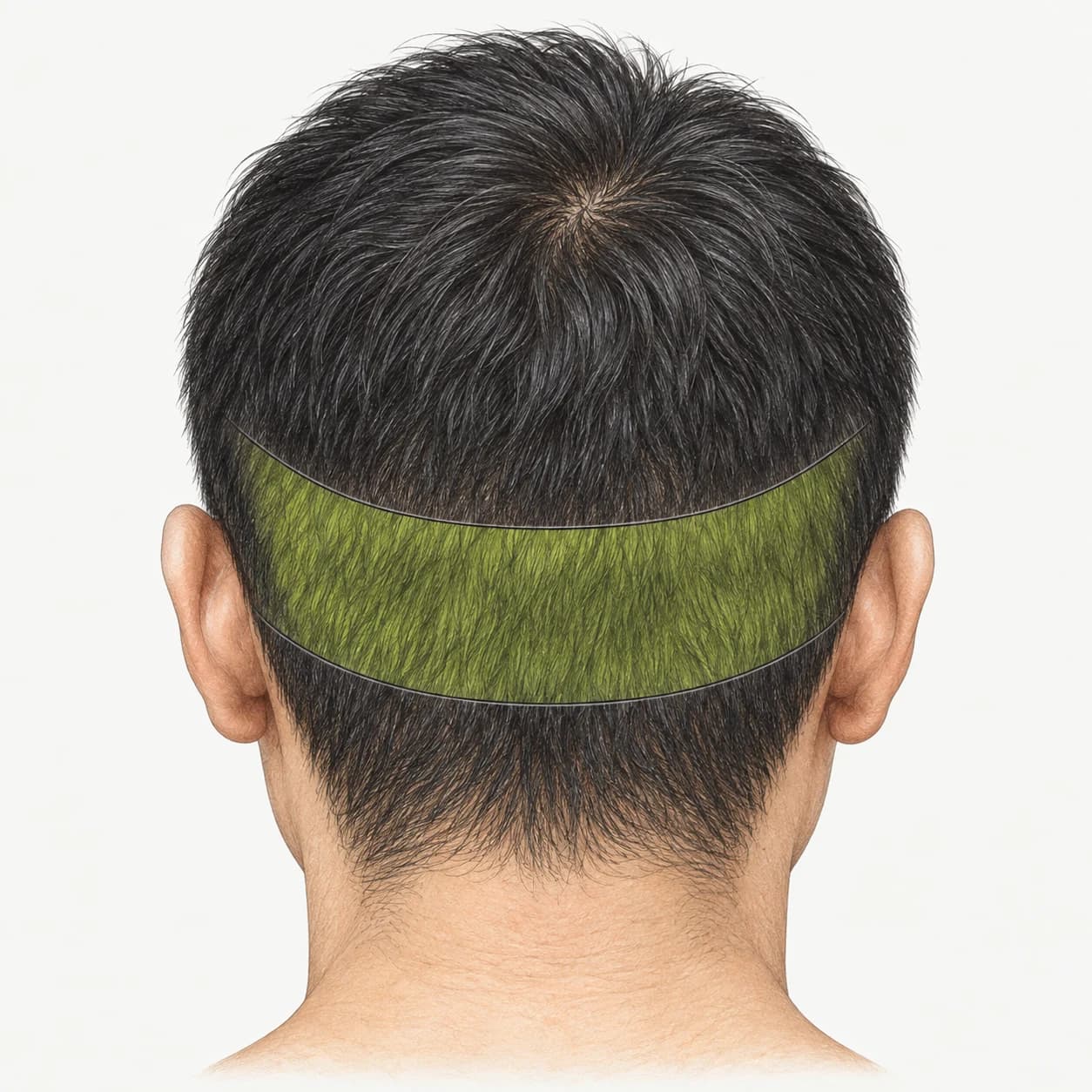Educational illustration highlighting the area available for harvesting at the back of the scalp