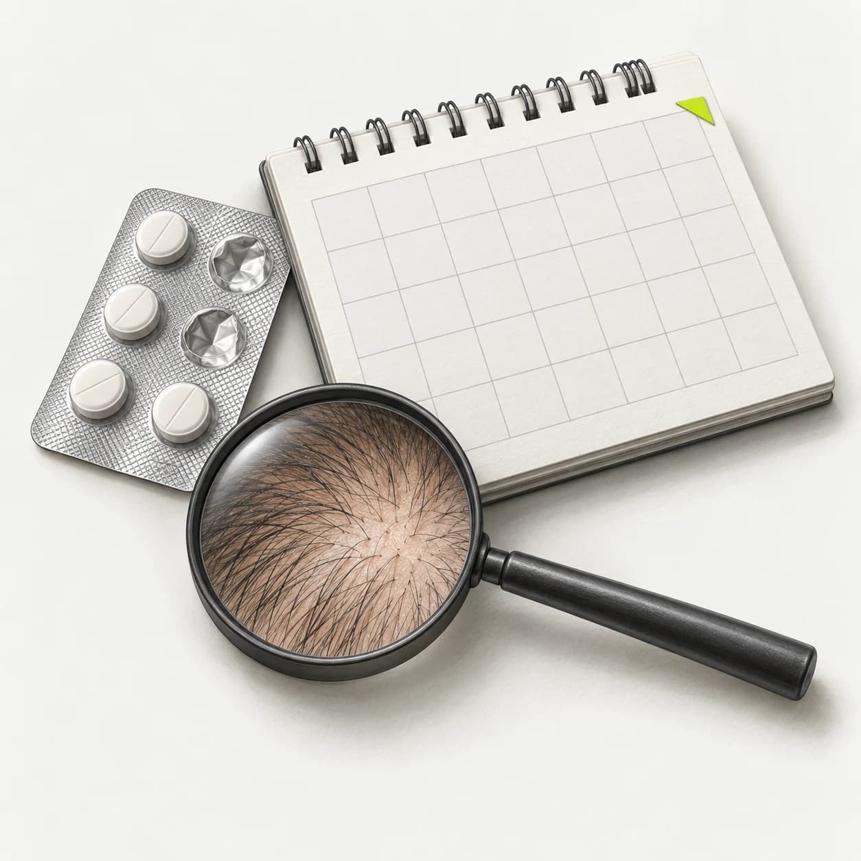 Educational illustration of medication, follow-up and scalp assessment
