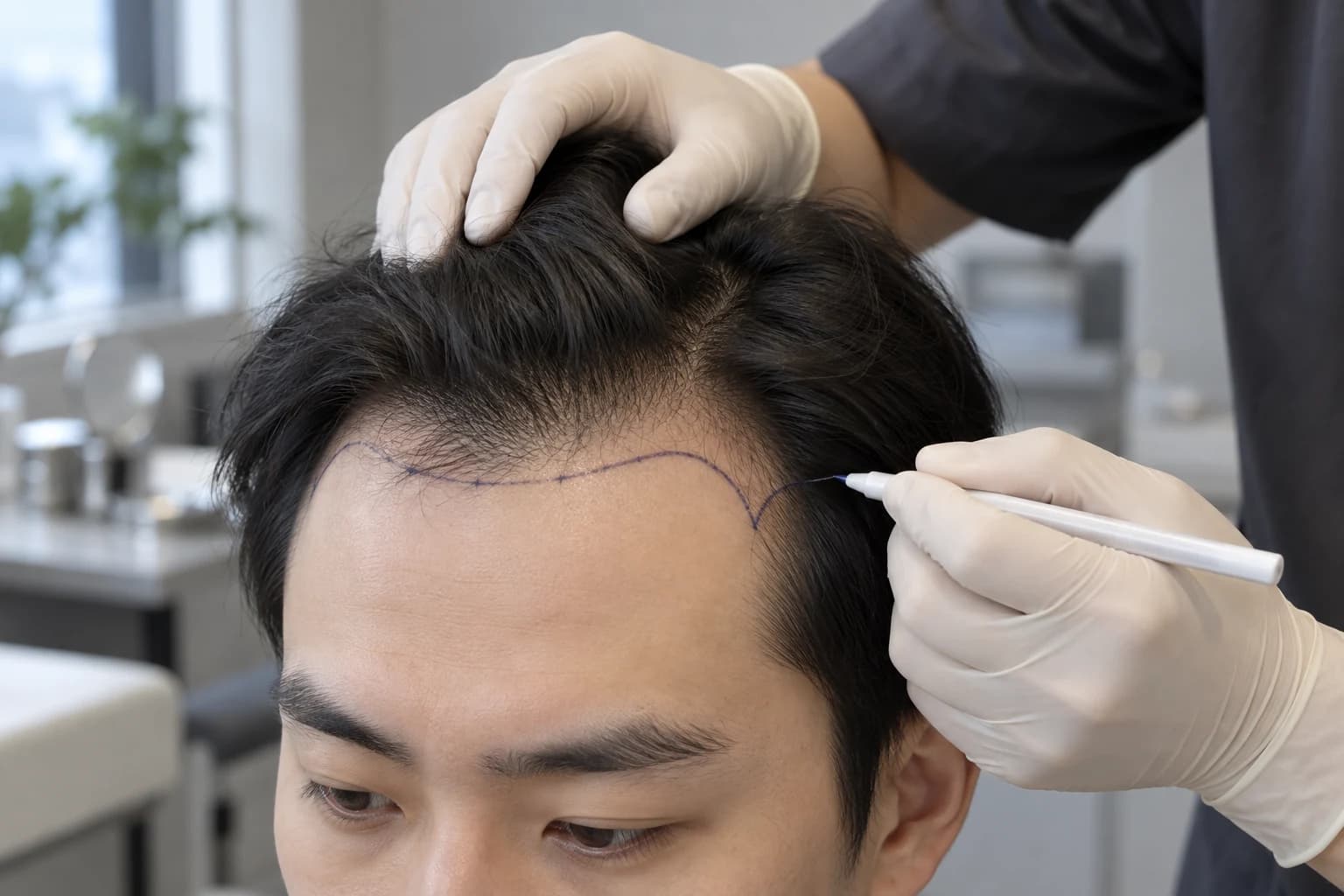 Staged scene of hairline and temple design on a Korean male model