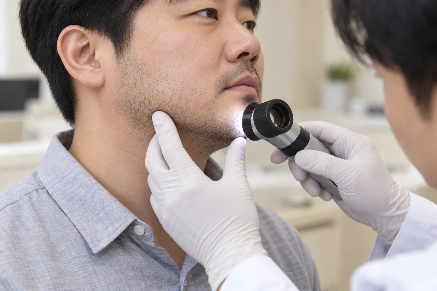 Staged scene of checking the condition of hair in the beard donor area with a magnifier