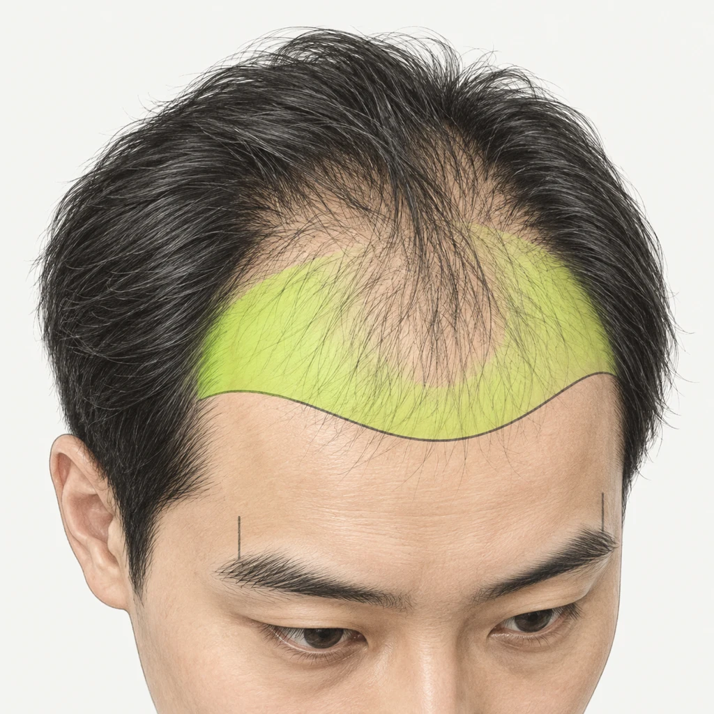 앞머리의 이식 범위와 계획한 이마선을 표시한 교육용 그림