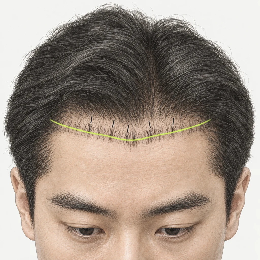 Educational illustration marking the earlier transplanted hairline and the corrected line