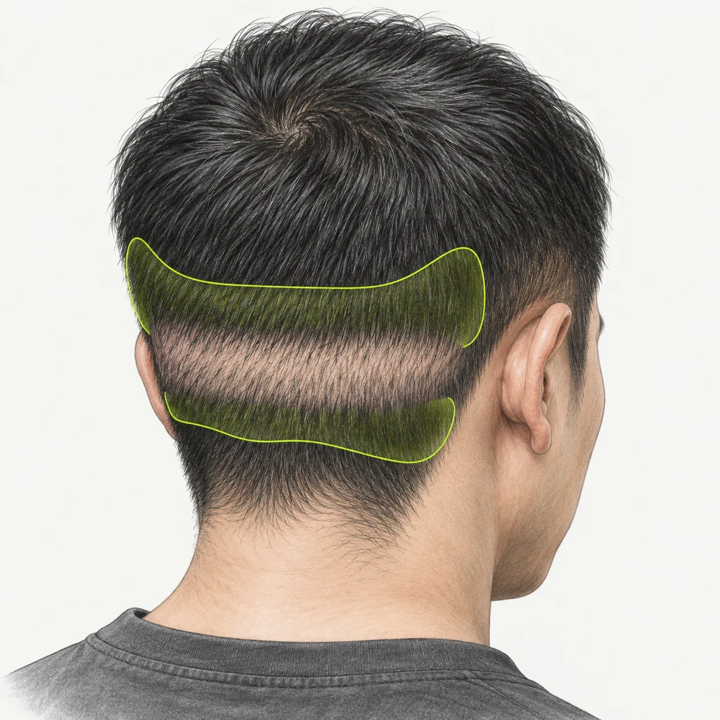 Educational illustration of the back of the head marking the earlier harvest area and the remaining donor zone