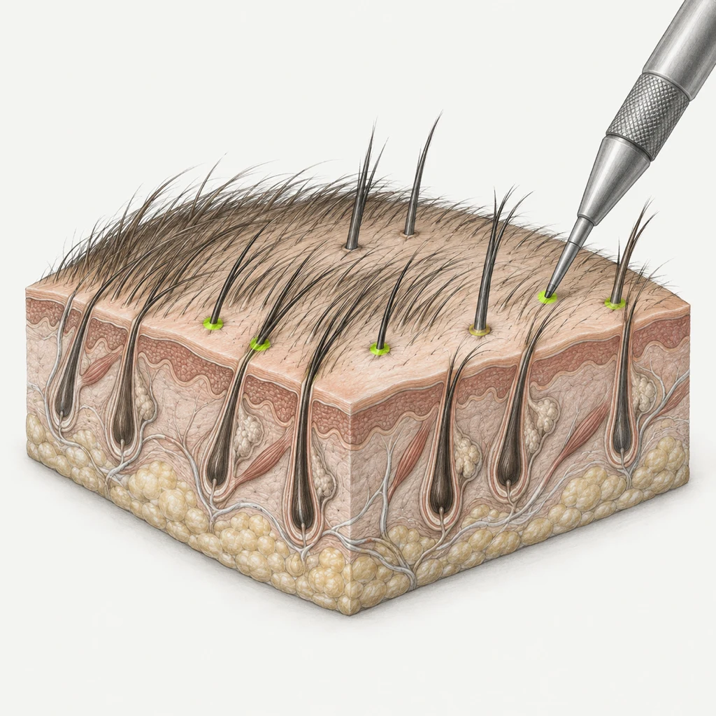Educational scalp cutaway showing new follicular units added between earlier transplanted hairs