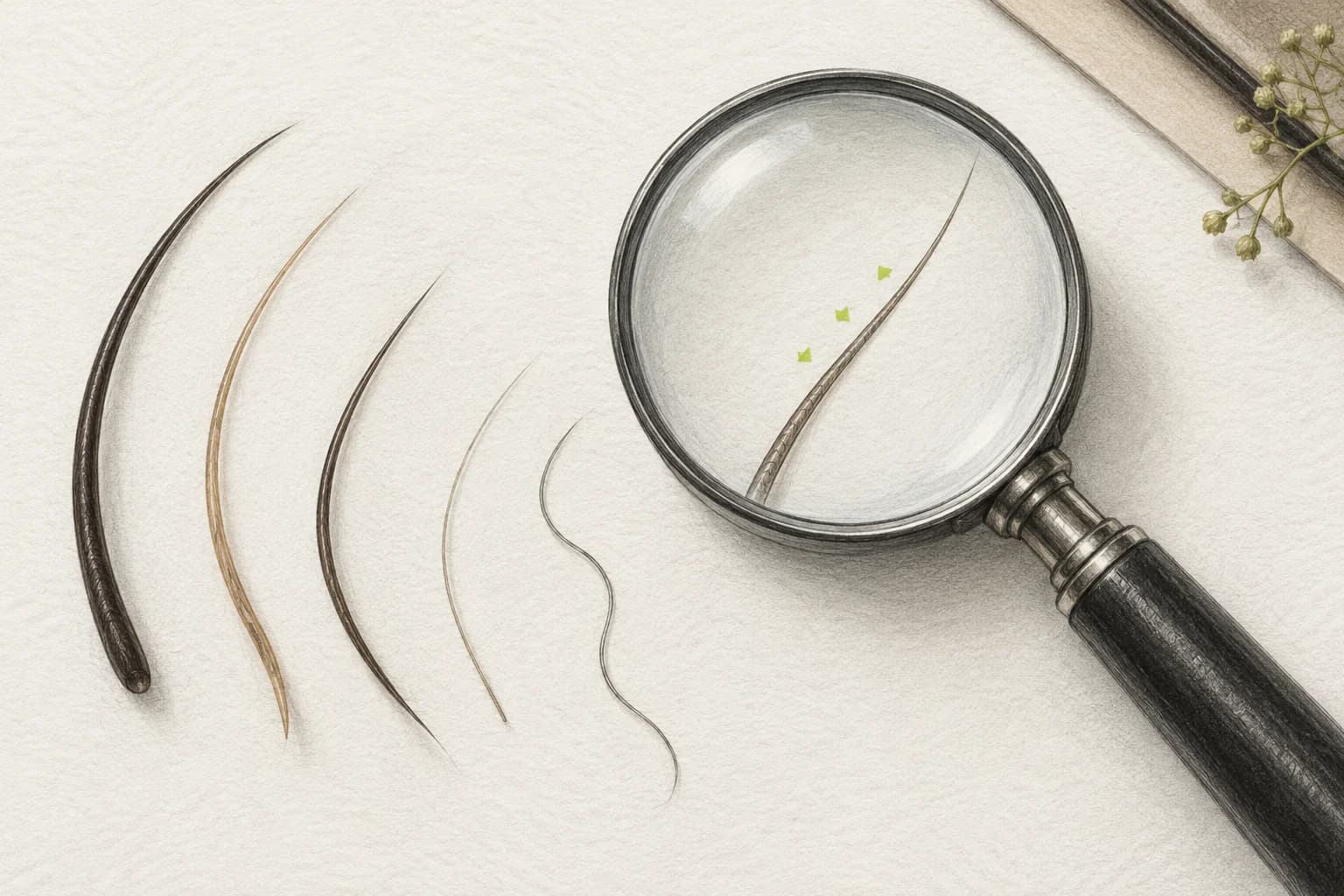 돋보기로 서로 다른 굵기의 모발을 살펴보는 탈모 관찰 설명 그림