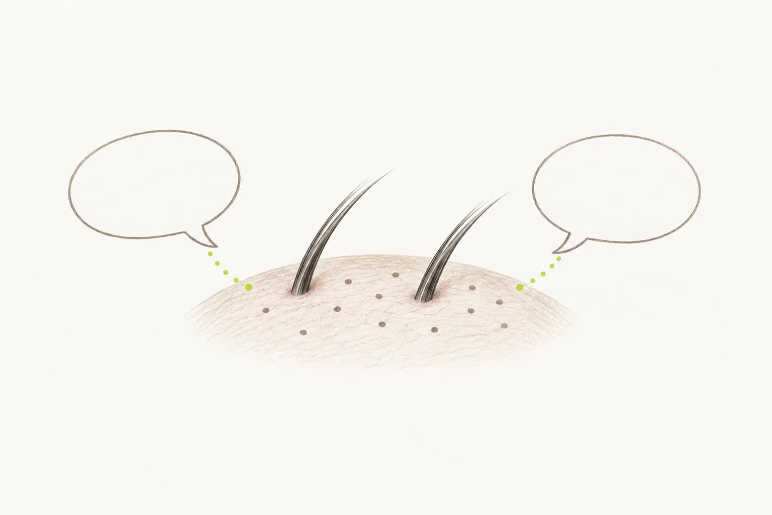 기존 모발과 색소 점 옆 두 개의 말풍선으로 Scalp Tattooing 상담에서 원하는 모습을 이야기하는 장면을 표현한 그림