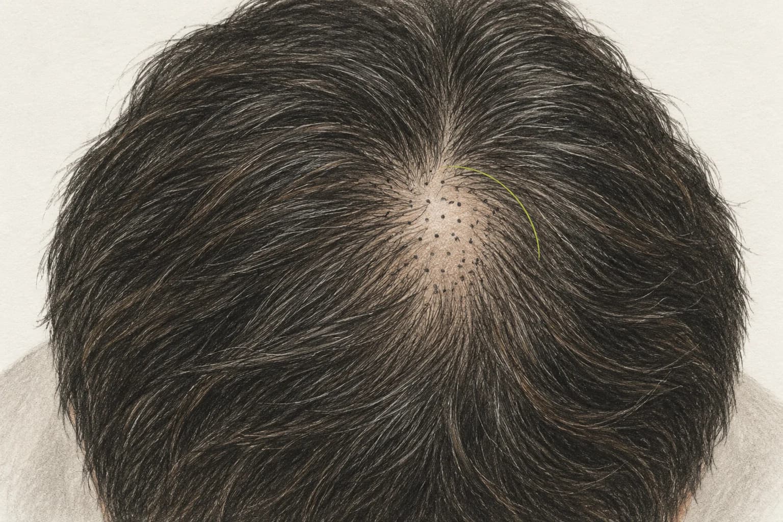 정수리의 기존 hair 사이에 평평한 색소 점을 표시한 Scalp Micropigmentation 설명 그림