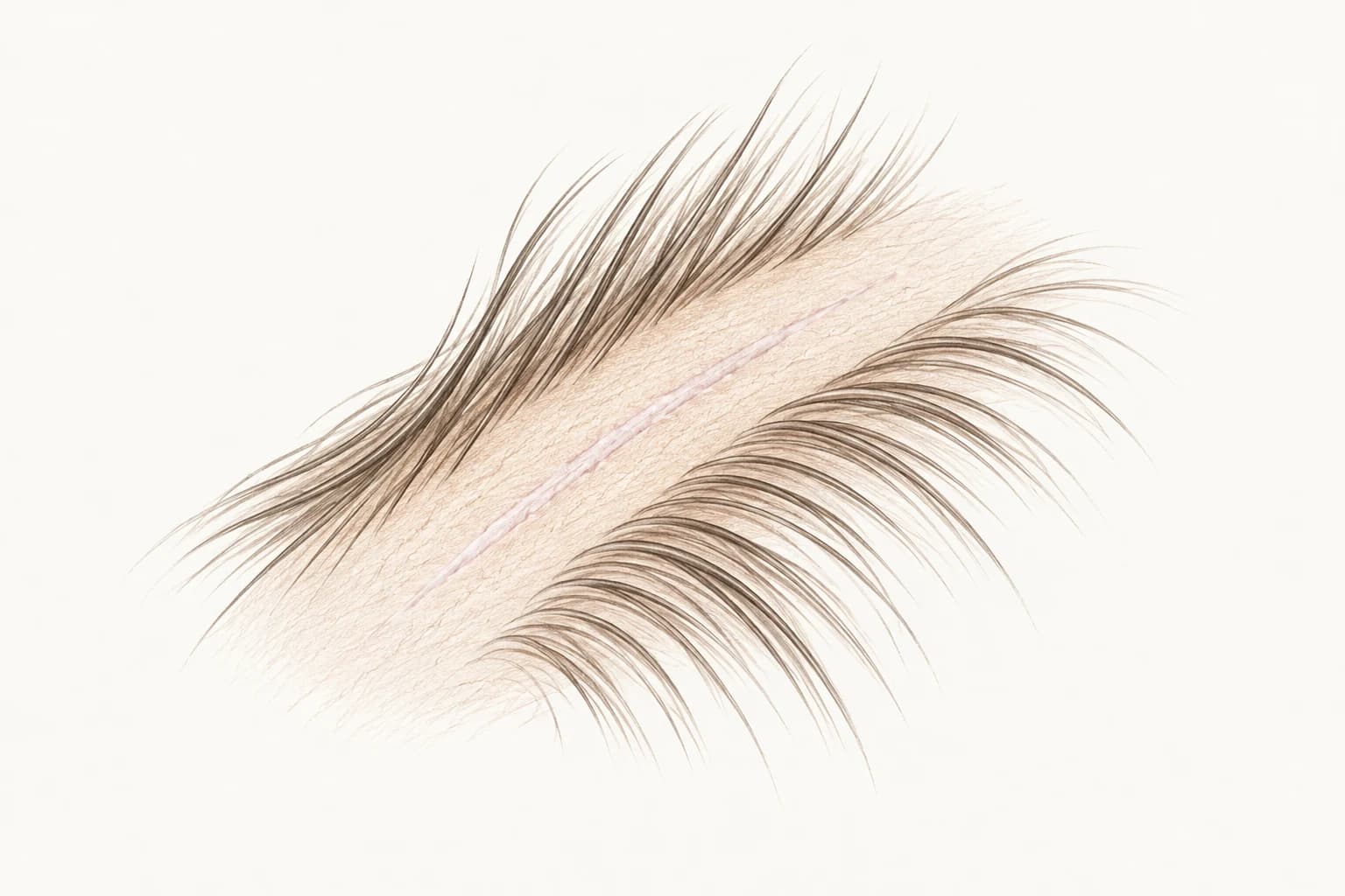 아문 선 모양의 흉터와 주변 머리카락의 방향을 함께 보여주는 머리흉터 설명 그림