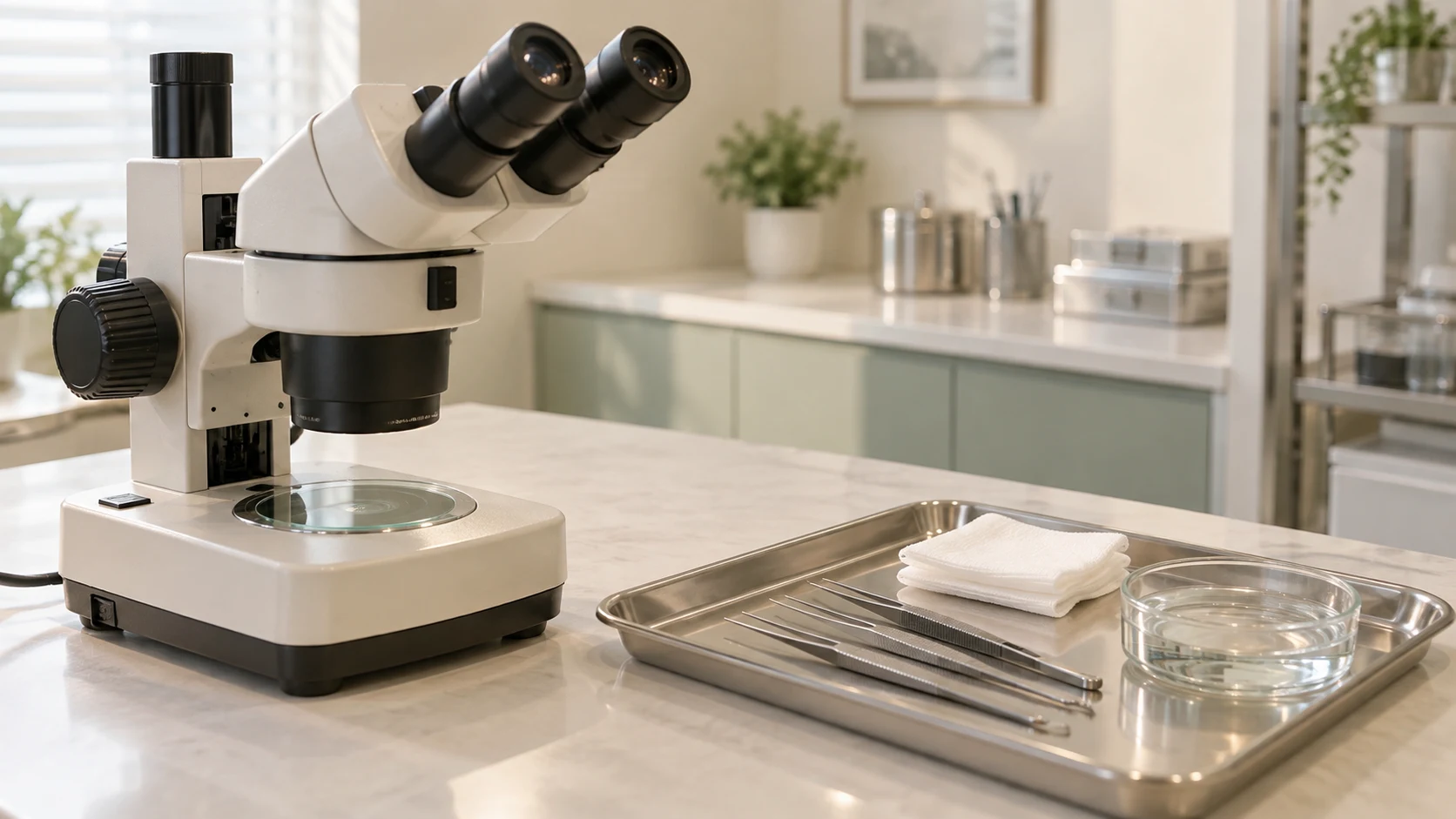 Staged scene of a microscope and neatly arranged sterile instruments prepared for checking follicle condition