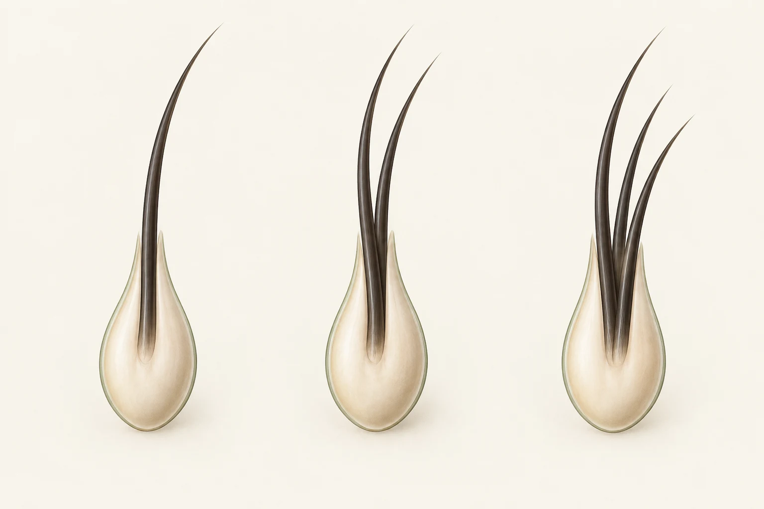 Educational illustration showing one, two and three hairs each grouped into a single follicular unit