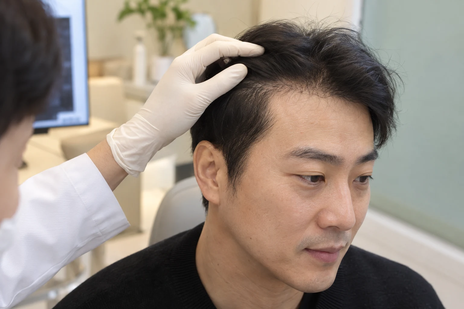 Staged consultation scene in which the direction of previously transplanted hair on a Korean male model is checked by hand