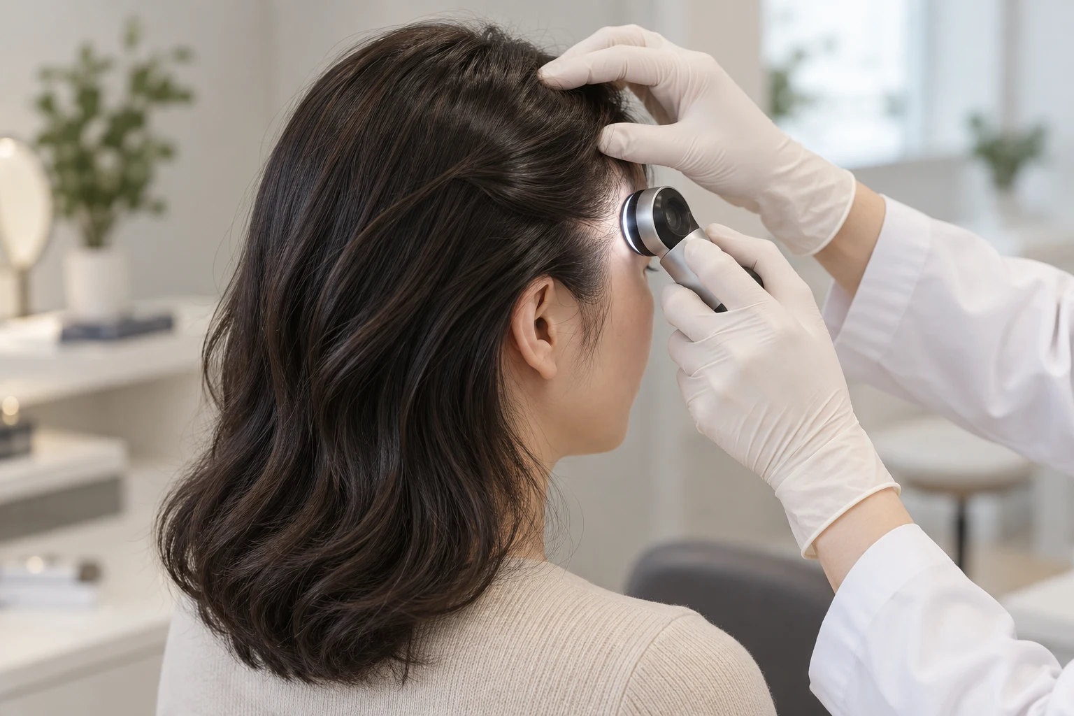 Staged scene of a woman’s temple hairline, with no face visible, being examined with magnifying equipment