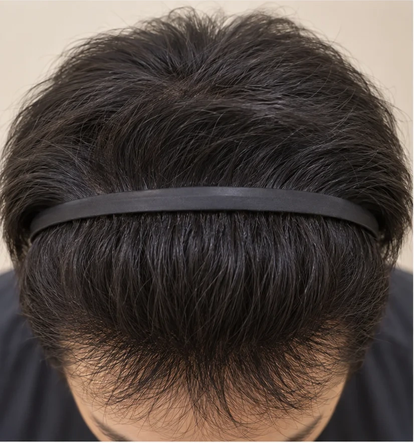 Staged image of hair gathered with a headband so that the scalp is not visible