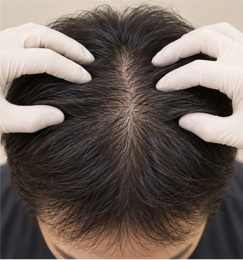 Staged image with the hair lifted to reveal the scalp and hair distribution