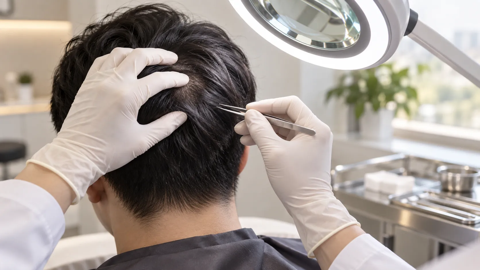 Checking hair at the back of the head under magnification