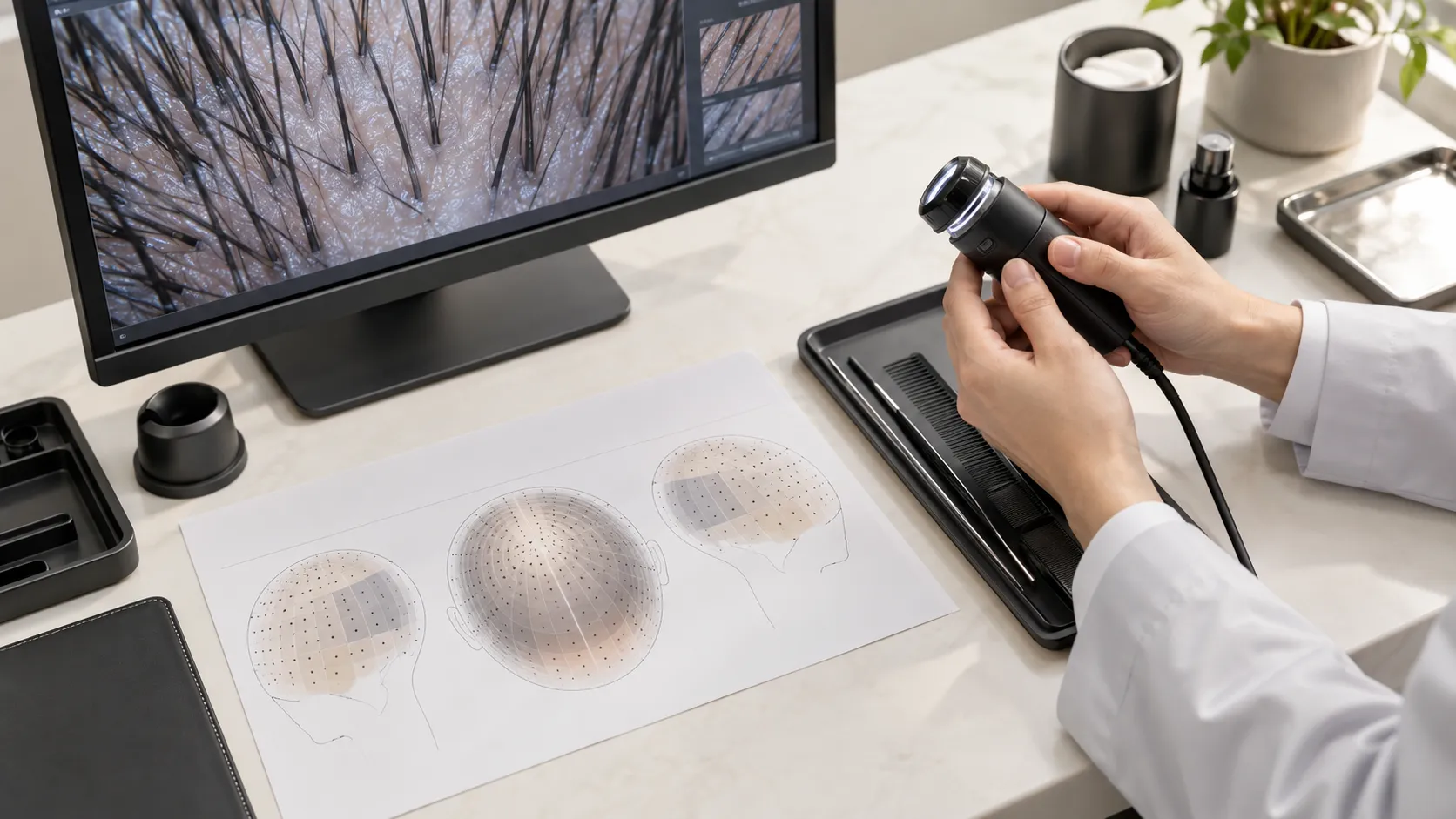 Reviewing magnified scalp images and transplant planning materials
